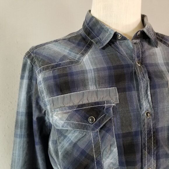 Inc International Concepts shirt men's large blue plaid Pearl snap Western - Picture 4 of 12